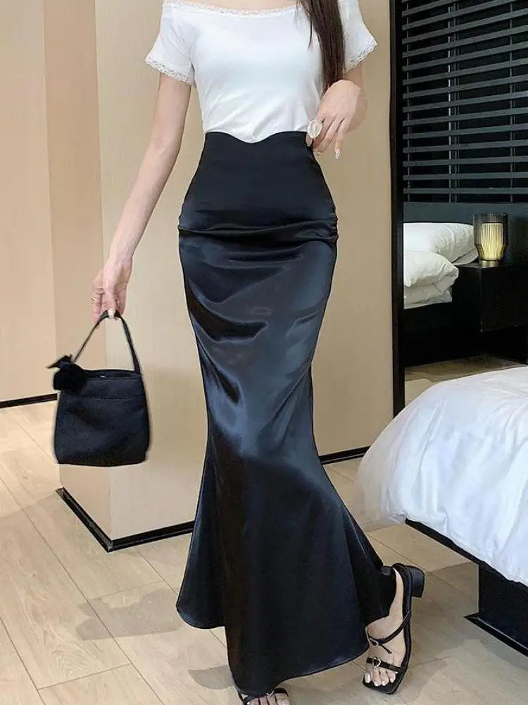 Black Office Pleated Fishtail Long Skirts Spring Summer Women 2024 Korean Version Brown High Waist Elegant Wrap Hip Skirt Ladies