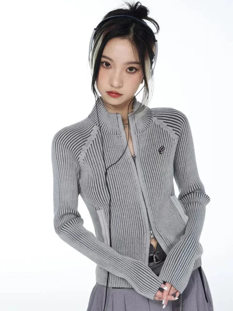 Vintage Zipper Cardigan Women Embroidery Y2k Aesthetic Grunge Sweater Jackets Female Harajuku Slim Knitted Coats Femme