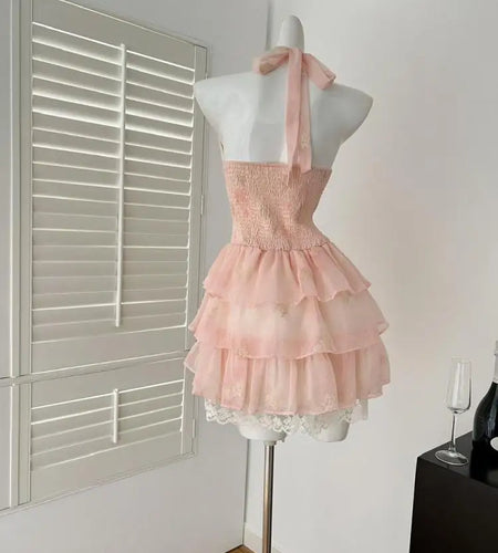 Summer French Pink Patchwork Lace Backless Halter Bandage Short Dres Women Vintage Elegant Sexy Club Sleeveless Party Cake Dress