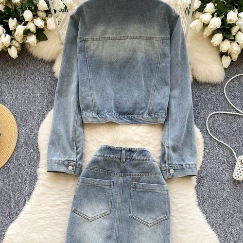Load image into Gallery viewer, French Vintage Two Piece Set Women Blue Black Denim Patchwork Long Sleeve Single Breasted Tops And High Waist Short Skirt Spring
