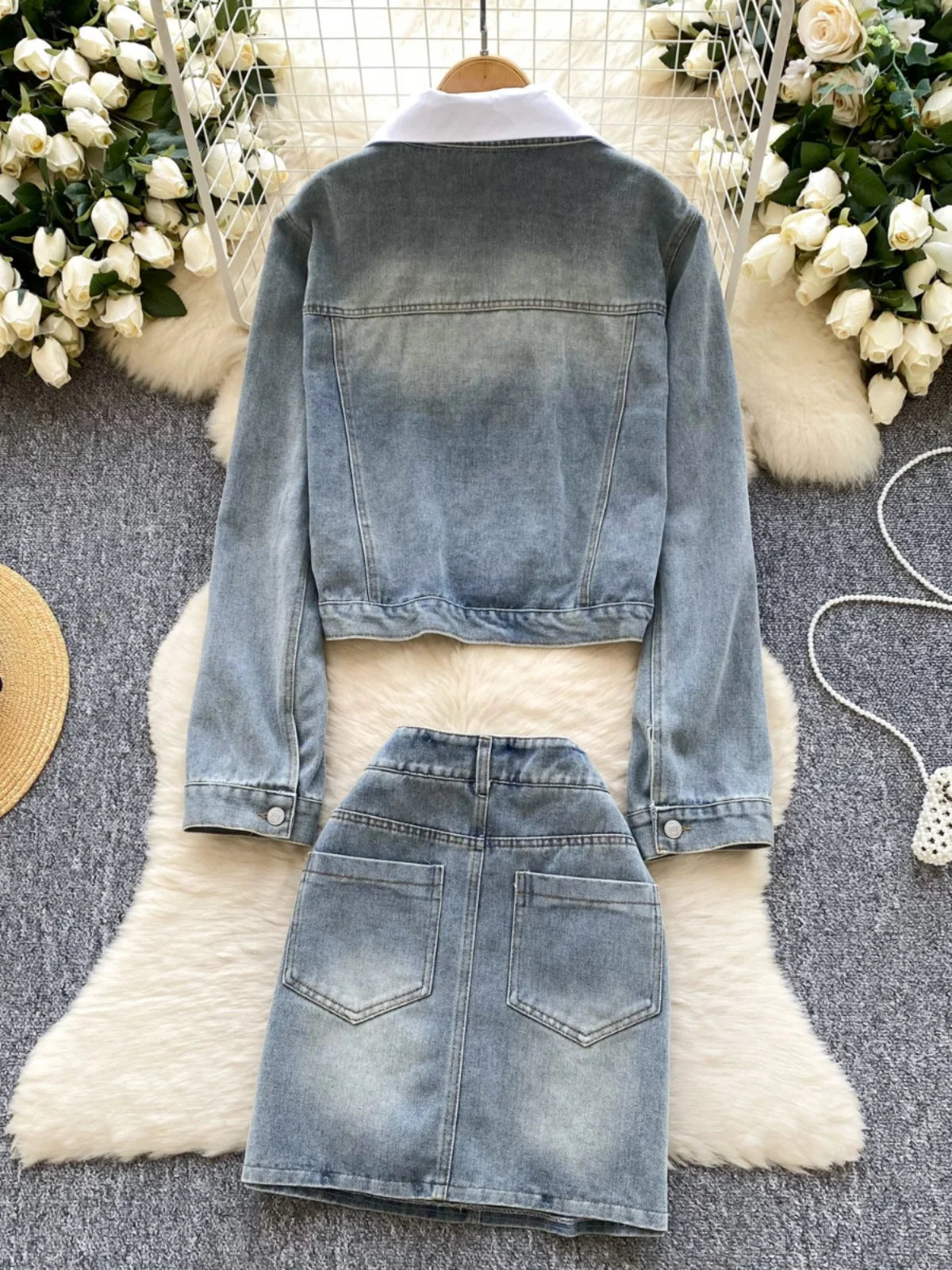 French Vintage Two Piece Set Women Blue Black Denim Patchwork Long Sleeve Single Breasted Tops And High Waist Short Skirt Spring