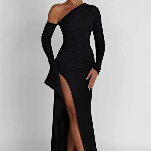 Load image into Gallery viewer, Oblique Shoulder Thigh High Split Maxi Dress Women Long Sleeve Backless Bodycon Sexy Club Party Long Dress Vestidos
