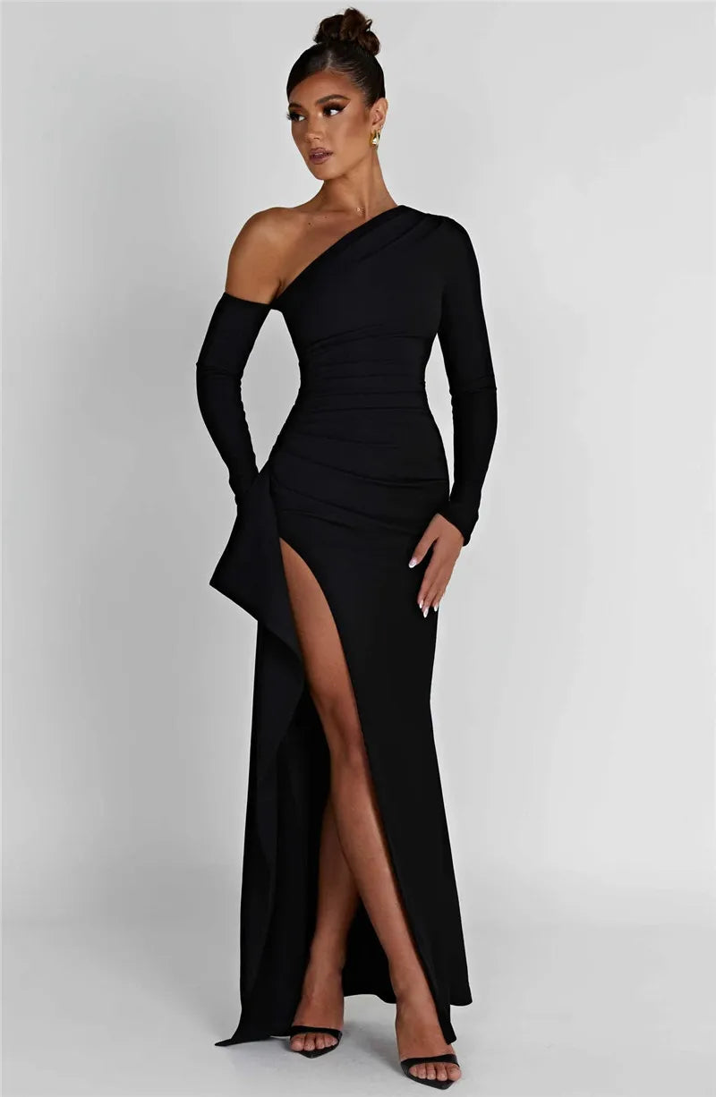 Oblique Shoulder Thigh High Split Maxi Dress Women Long Sleeve Backless Bodycon Sexy Club Party Long Dress Vestidos