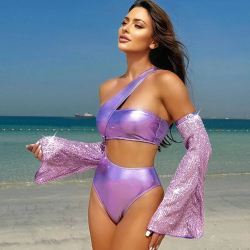 Load image into Gallery viewer, Purple One Piece Swimsuit 2024 Bandeau Cut Out Swimwear for Women Sexy One Shoulder Bandage Bathing Suit Sleeves not Included
