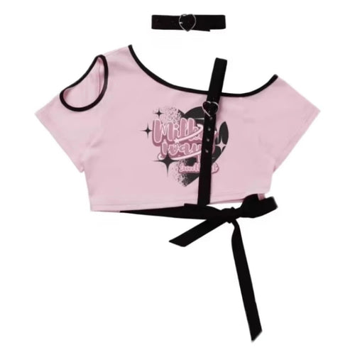 Load image into Gallery viewer, Sweet Cool Y2k Aesthetic Letter Print T-Shirts Irregular Off Shoulder Women Bandage Tshirts Hollow Out Harajuku Slim Cropped Top
