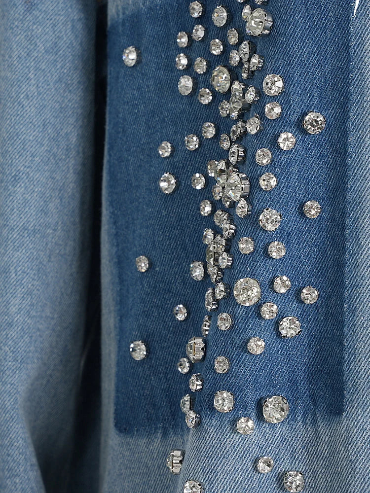 Loose Fit Blue Denim Rhinestones Big Size  Jacket New Lapel Long Sleeve Women Coat Fashion Tide Spring Autumn 2025  7AB878
