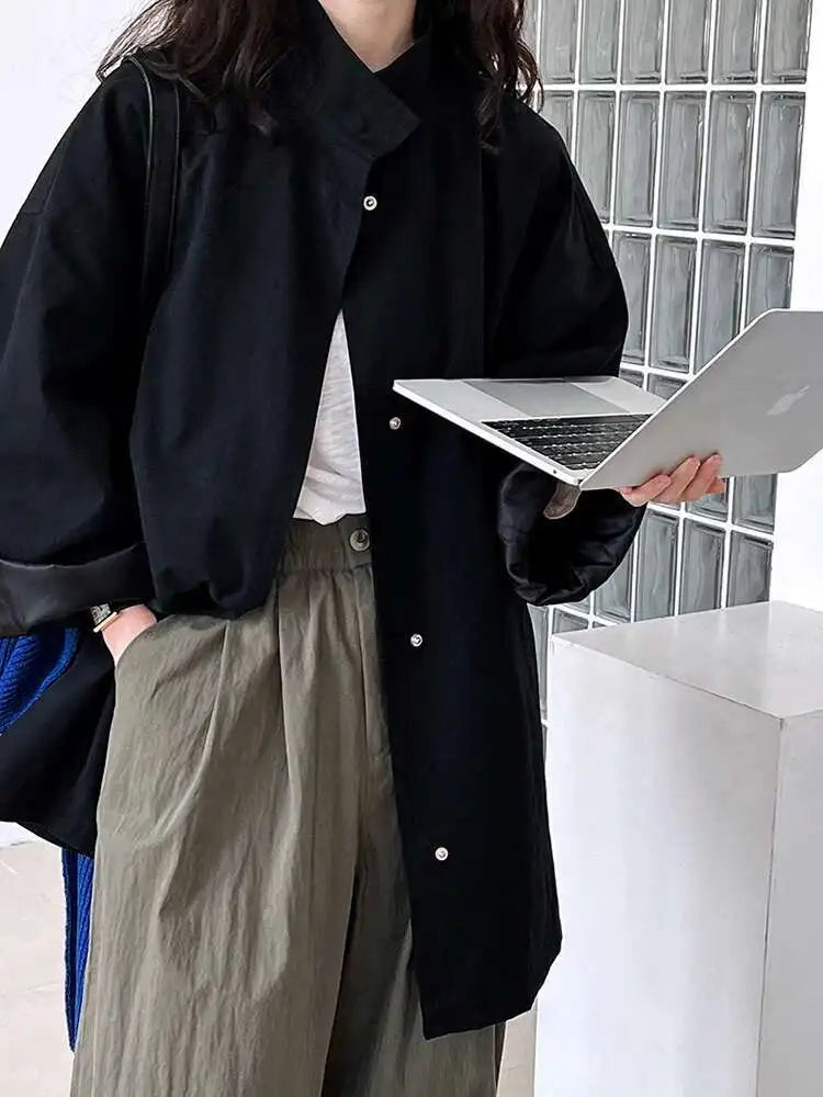 Loose Fit Brown Big Size Casual Jacket New Stand Collar Long Sleeve Women Coat Fashion Tide Spring Autumn 2025 1DH1704