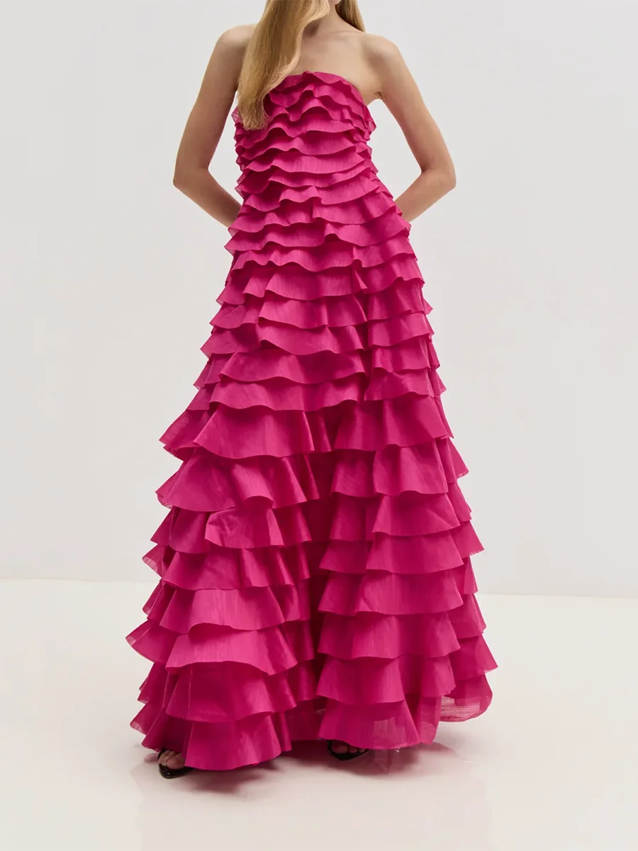 Solid Spliced Ruffles Loose Dresses For Women Strapless Sleeveless High Waist Temperament Dress Female Fashion New