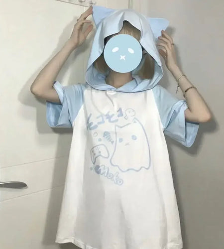 Y2k T Shirts for Women Hooded Anime Print Short Sleeve Tees Japanese Camisetas Cute Summer Tops Casual Fashion Oversized Tshirt