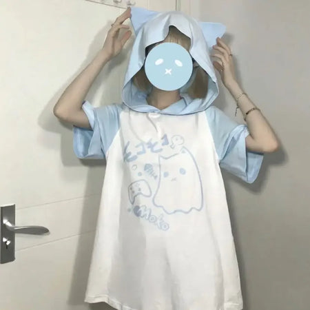Y2k T Shirts for Women Hooded Anime Print Short Sleeve Tees Japanese Camisetas Cute Summer Tops Casual Fashion Oversized Tshirt