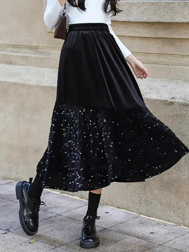 Autumn Winter Vintage Patchwork Sequin Wrap Hip Long Velvet Skirts Women's 2024 Elegant High Waist Pleated Fishtail Skirt French