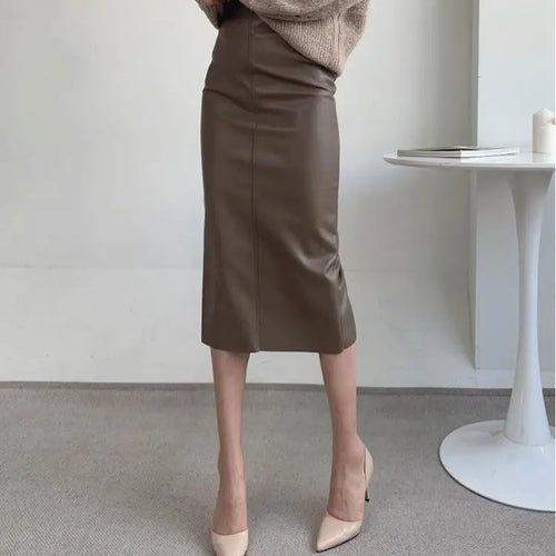 Load image into Gallery viewer, Autumn Winter New Black Leather High Waist Midi Skirt Women Korean Fashion Brown Office Straight Wrap Hip Split Skirt Streetwear
