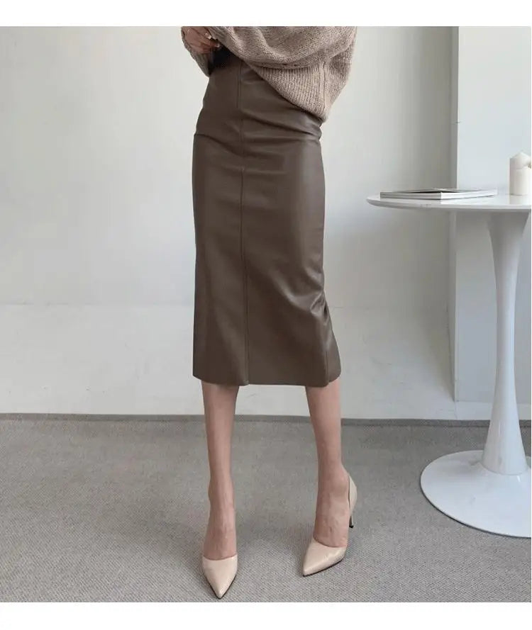 Autumn Winter New Black Leather High Waist Midi Skirt Women Korean Fashion Brown Office Straight Wrap Hip Split Skirt Streetwear