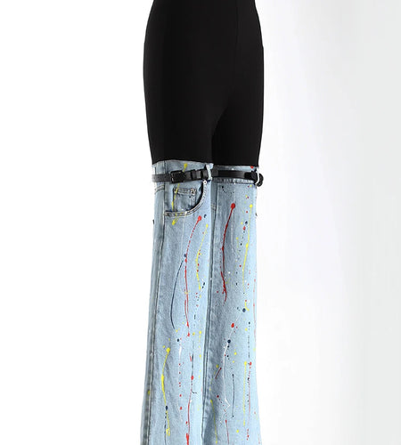 High Waist Blue Denim Color-block Buckle Long  Wide Leg Jeans New Women Trousers Fashion Tide Spring Autumn 2025 7AB4525