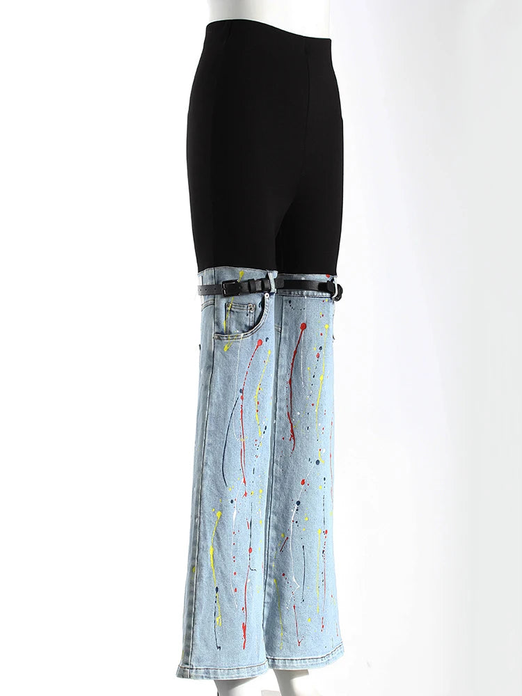 High Waist Blue Denim Color-block Buckle Long  Wide Leg Jeans New Women Trousers Fashion Tide Spring Autumn 2025 7AB4525