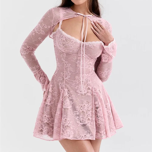 Load image into Gallery viewer, Lace Flare Long Sleeve Sexy Mini Dress For Women Robe Autumn New Pink O Neck A-line High Waist Pleated Dress Elegant

