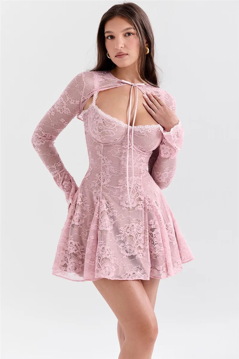 Lace Flare Long Sleeve Sexy Mini Dress For Women Robe Autumn New Pink O Neck A-line High Waist Pleated Dress Elegant