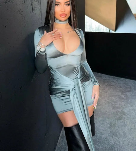 Women's V-Neck Long Sleeved Elastic Tight Lace Up Evening Dress, Slim Pleated, Temperament Female Dress, Party Clubwear,