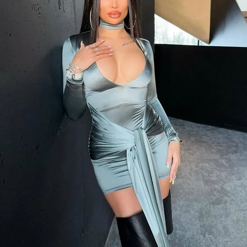 Load image into Gallery viewer, Women's V-Neck Long Sleeved Elastic Tight Lace Up Evening Dress, Slim Pleated, Temperament Female Dress, Party Clubwear,
