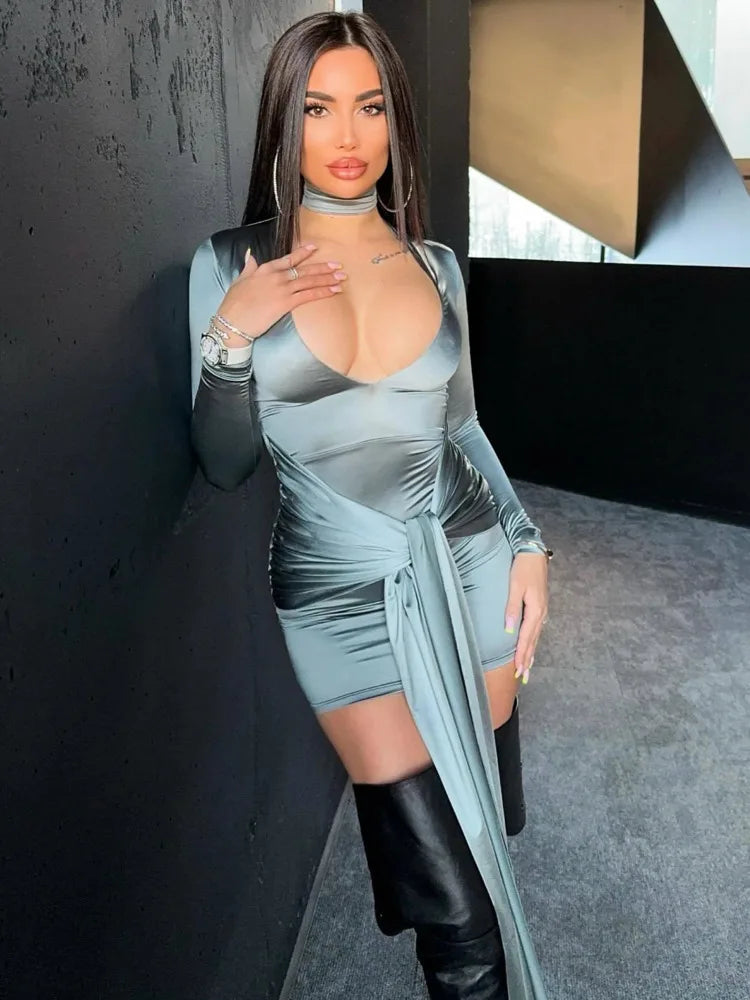 Women's V-Neck Long Sleeved Elastic Tight Lace Up Evening Dress, Slim Pleated, Temperament Female Dress, Party Clubwear,