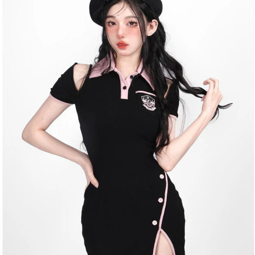 Load image into Gallery viewer, School Y2k Kawaii Black Dress Bodycon Korean Style Polo Caollar Off Shoulder Long Sleeve Short Dresses Autumn
