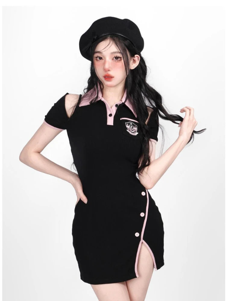 School Y2k Kawaii Black Dress Bodycon Korean Style Polo Caollar Off Shoulder Long Sleeve Short Dresses Autumn