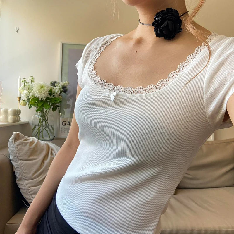 Korean Cute White Knit Lace Trim Bow Summer Tee Shirt Female Short Sleeve Slim Casual Girls Top Round Neck Basic New