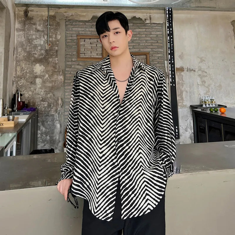 Men's Stripe Shirts New Summer Personalized Trendy Lapel Print Style Korean Male Long Sleeve Casual Shirt Tide 9A7867