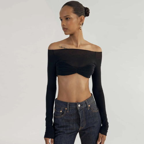 Load image into Gallery viewer, See Through Mesh Crop Top Women Pullovers Strapless Short Knit Cropped Tops Ladies Tee Shirt Sexy Off-shoulder T-shirt
