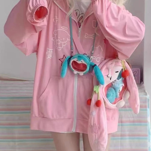 Load image into Gallery viewer, Japanese Kawaii Cute Cat Print Jackets Loose Y2k Casual Sun Protection Women's Tops Fashion Preppy Sweet Hooded Coats All Match
