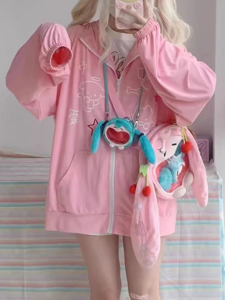 Japanese Kawaii Cute Cat Print Jackets Loose Y2k Casual Sun Protection Women's Tops Fashion Preppy Sweet Hooded Coats All Match