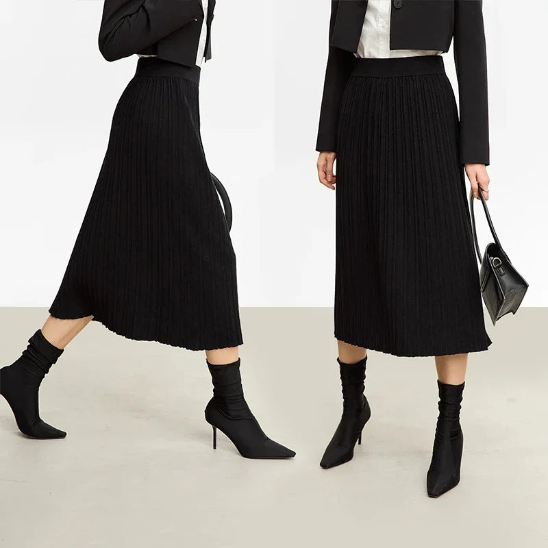 Minimalist Skirts for Women 2025 Winter New Christmas Warm Commuter Basics Pleated Knit Loose A-Line Solid Skirt 12323177