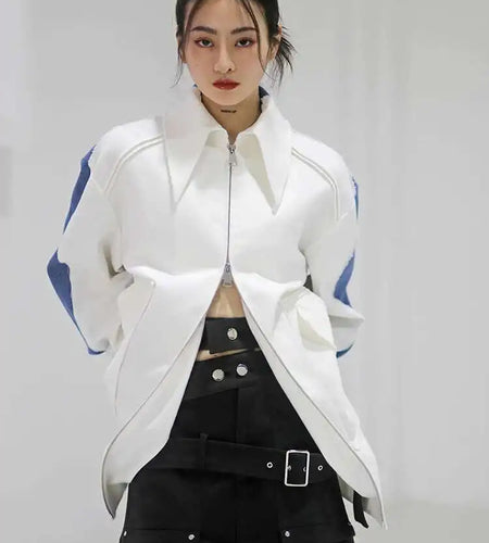 White Color-bock Denim Burr Big Size Jacket New Lapel Long Sleeve Women Coat Fashion Tide Spring Autumn 2025 1DF302400