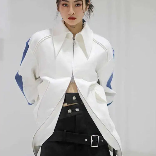 Load image into Gallery viewer, White Color-bock Denim Burr Big Size Jacket New Lapel Long Sleeve Women Coat Fashion Tide Spring Autumn 2025 1DF302400
