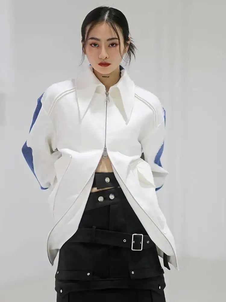 White Color-bock Denim Burr Big Size Jacket New Lapel Long Sleeve Women Coat Fashion Tide Spring Autumn 2025 1DF302400