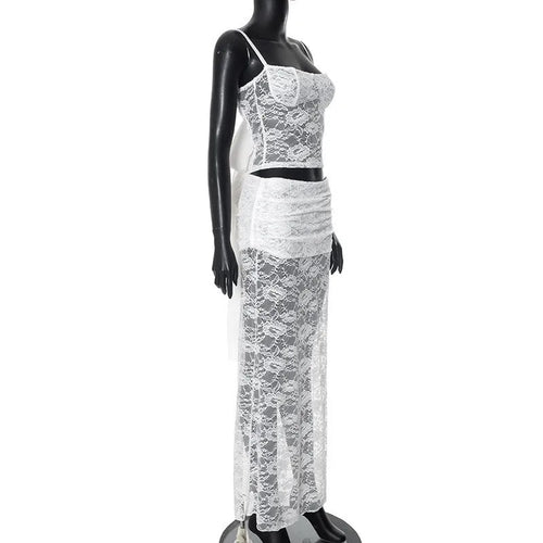 Load image into Gallery viewer, White Lace Sexy Two Piece Sets Woman Halter Top And Long Maxi Skirt Ladies Fashion Sheer Mesh Elegant Matching Sets
