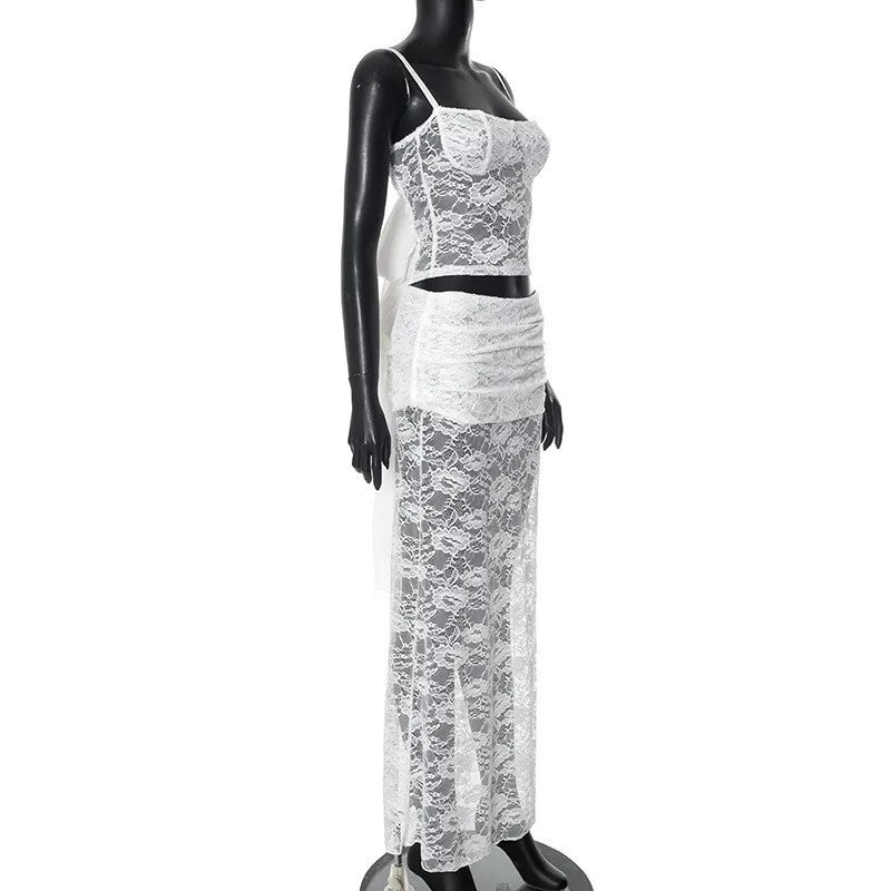 White Lace Sexy Two Piece Sets Woman Halter Top And Long Maxi Skirt Ladies Fashion Sheer Mesh Elegant Matching Sets