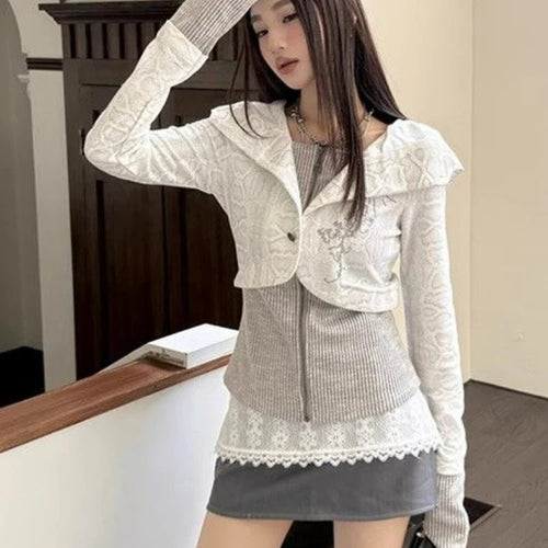 Load image into Gallery viewer, Y2k Aesthetic Fake Two Pieces Zipper Jackets Streetwear Casual Hooded Print Tops Vintage Patchwork Bodycon Coats Women Harajuku
