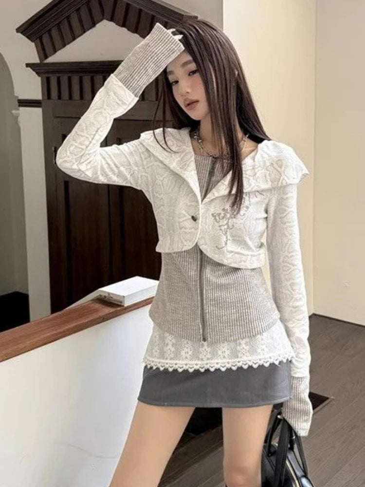 Y2k Aesthetic Fake Two Pieces Zipper Jackets Streetwear Casual Hooded Print Tops Vintage Patchwork Bodycon Coats Women Harajuku