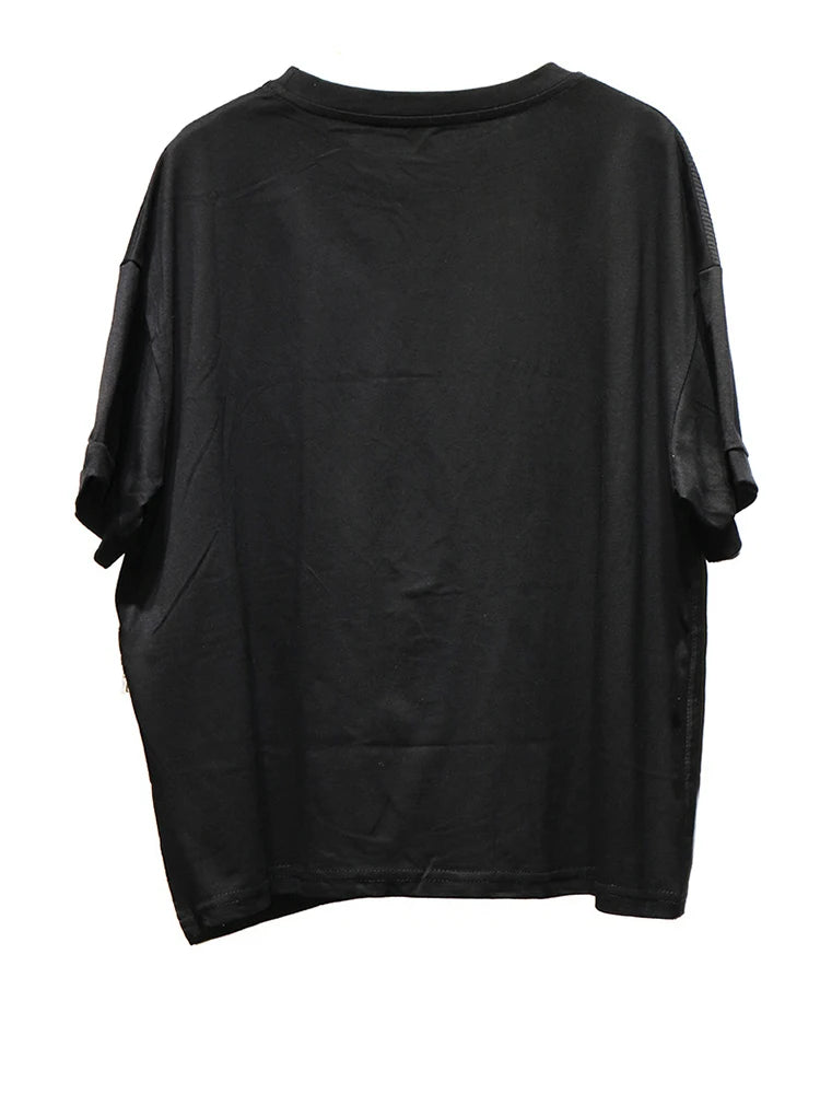 Women Black Zipper Pocket Irregular Big Size T-shirt New Round Neck Short Sleeve Fashion Tide Spring Summer 2025  1DJ0561