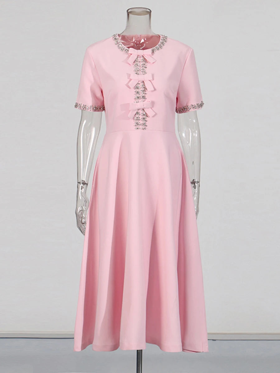 Solid Spliced Diamonds Slimming Dresses For Women O Neck Short Sleeve High Waist Temperament Dress Female Fashion