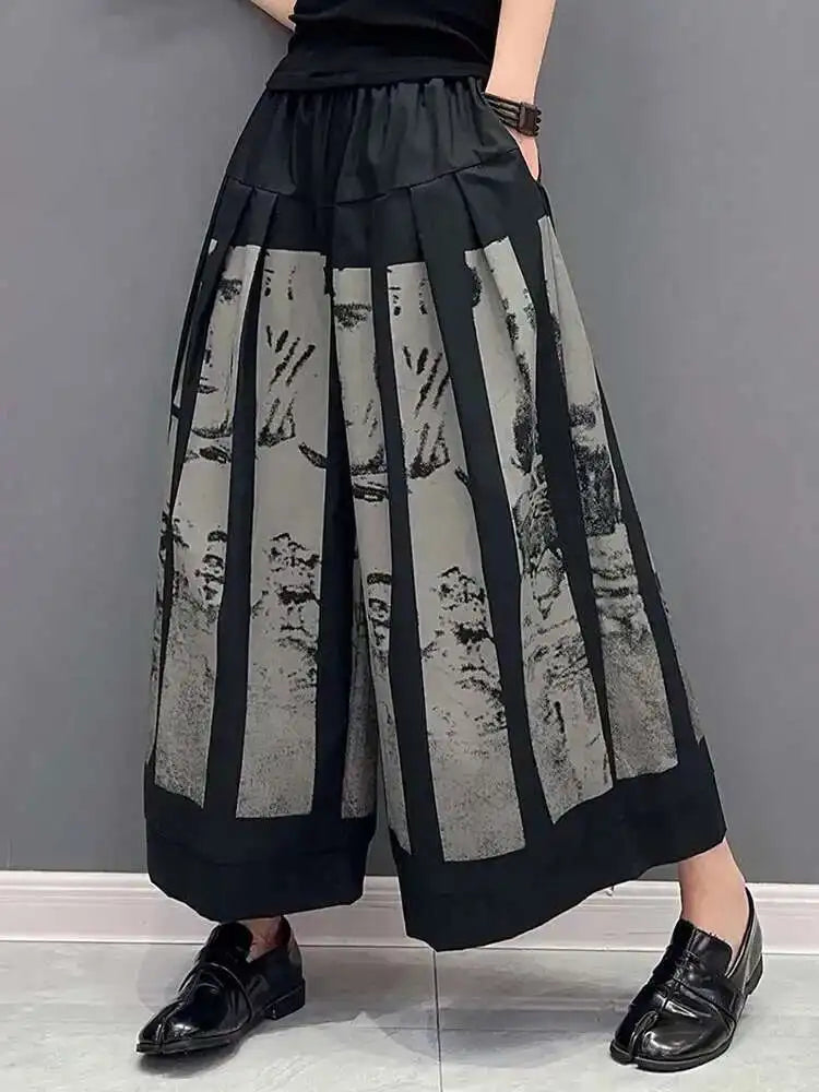 High Elastic Waist Black Printed Pleated Long Wide Leg Pants New Trousers Women Fashion Tide Spring Autumn 2025 1DF6290