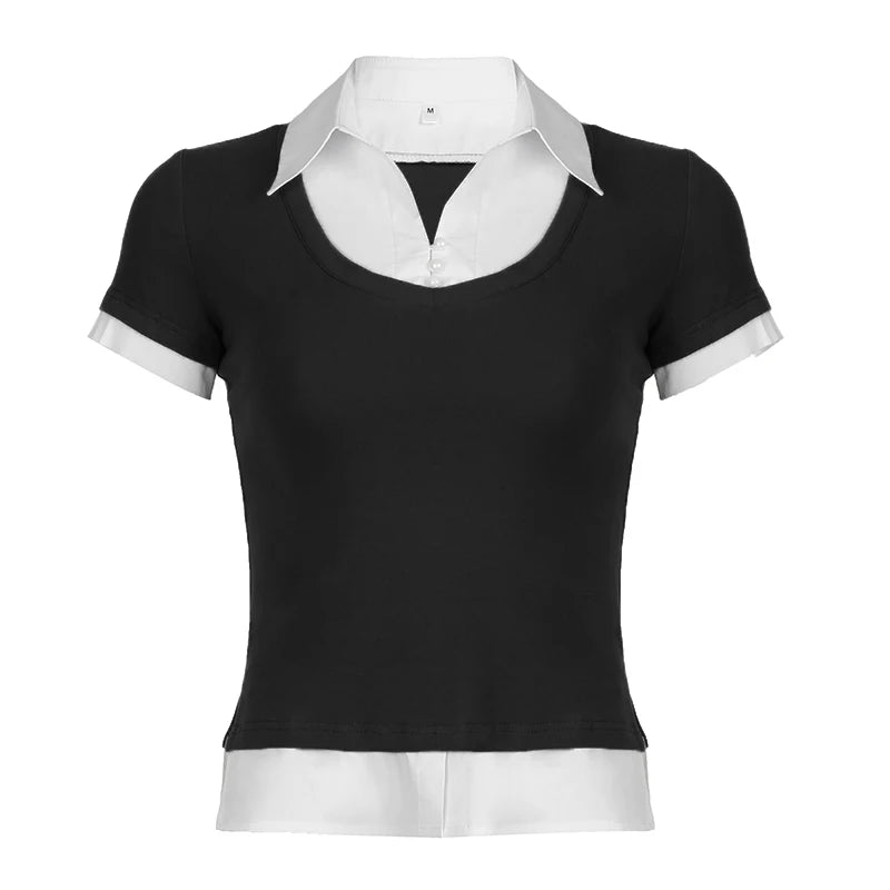 Casual Patchwork Slim Summer Women T-shirts Contrast Color Turn-Down Collar Top Tee Preppy Style Korean Shirt Outfits