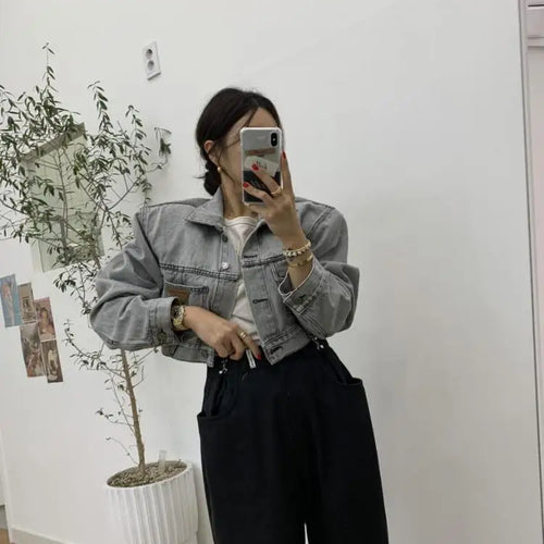 Load image into Gallery viewer, Retro Grey Crop Denim Jacket Women Long Sleeve 2023 Autumn Street Korean Fashion High Waist Jean Coat Ladies Festival Outerwear
