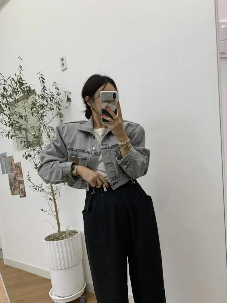 Retro Grey Crop Denim Jacket Women Long Sleeve 2023 Autumn Street Korean Fashion High Waist Jean Coat Ladies Festival Outerwear
