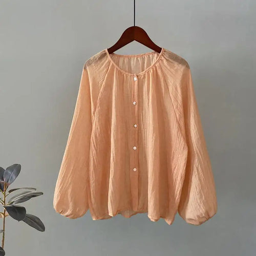 Load image into Gallery viewer, Retro Round Neck Blouse Women Spring Summer Solid Pleated Shirt Fashion Holiday Long Sleeve Top 2024 Casual Loose Sun Protection
