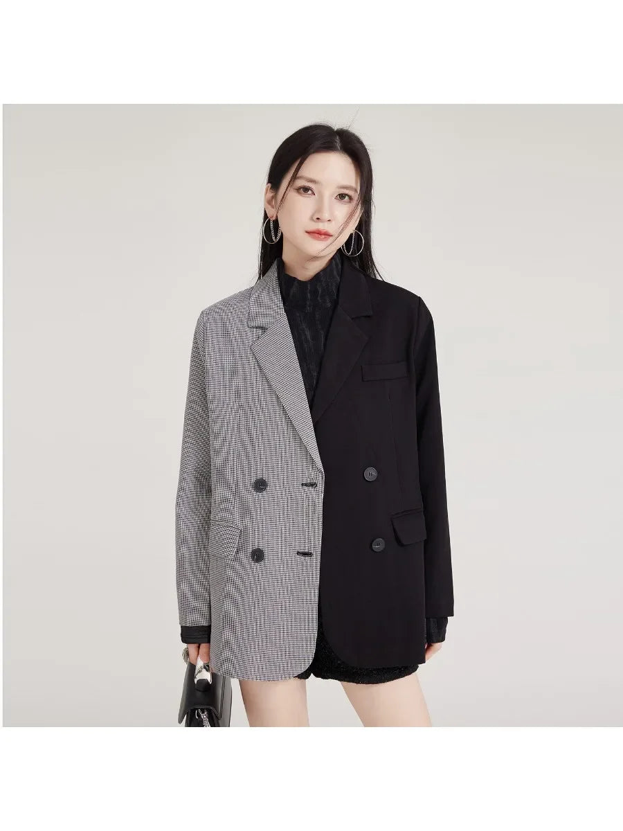 Hit Color Spliced Button Loose Blazers for Women Lapel Long Sleeve Temperament Coats Female Fashion