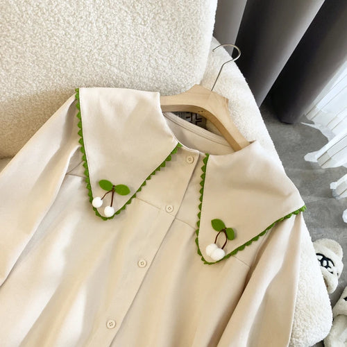 Load image into Gallery viewer, 2024 Autumn Winter Women Beige Patchwork Shirt White Long Sleeve Cute Doll Collar Blouse Female Versatile Preppy Style Tops Chic
