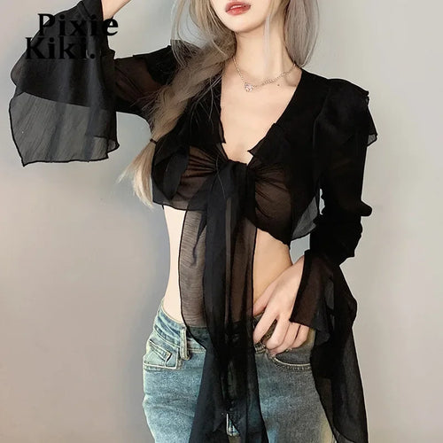 Load image into Gallery viewer, Y2k Fairy Grunge Black Mesh See Through Sexy Shirts for Women Tie Up Flare Long Sleeve Crop Top Fall 2023 P94-CC15
