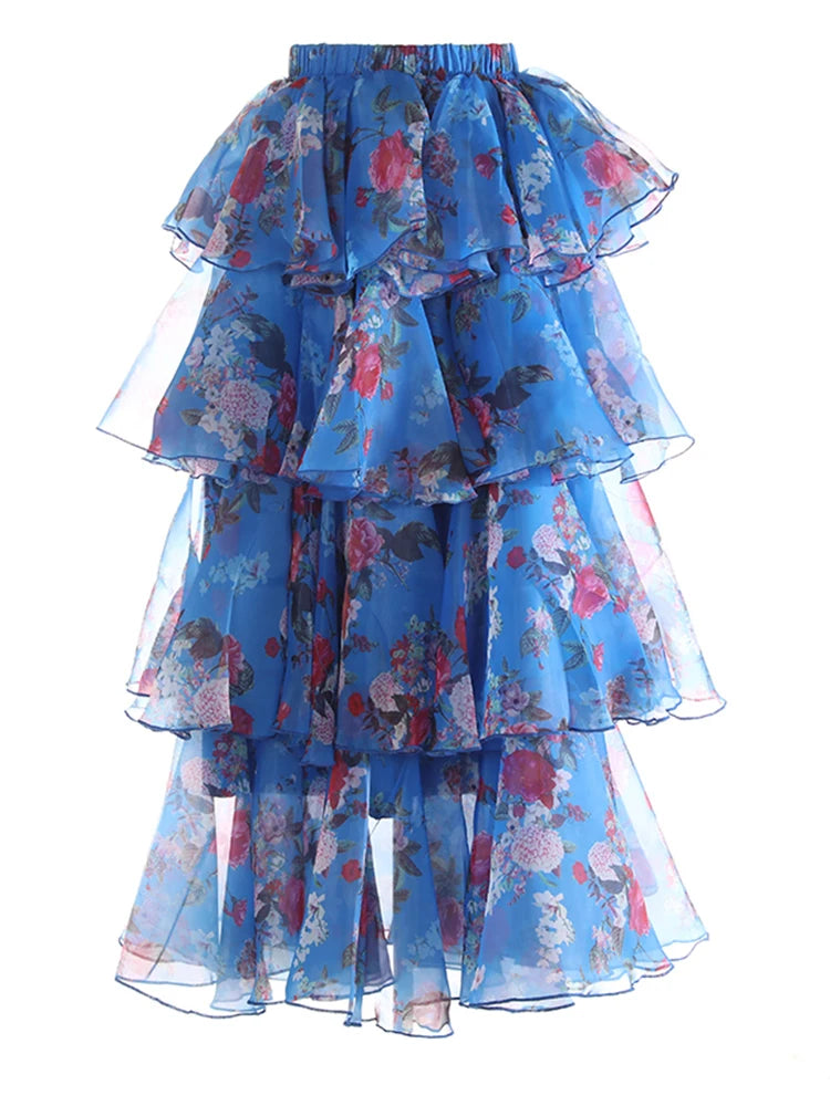 High Elastic Waist Red Printed Organza Layers Cake Half-body Skirt Women Fashion Tide New Spring Autumn 2025 1DJ1174